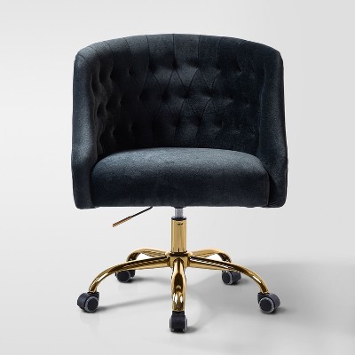 Anika Velvet Height-adjustable Swivel Task Office Chair with Button-tufted Back and Gold Base | Karat Home