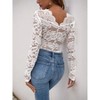 Womens Lace Long Sleeve Little Stretch Bodysuit V Neck Sheer Mesh Cheeky Body Suit Lace Back Slim Fit Jumpsuits Stretch Hollowout Leotard - 2 of 4