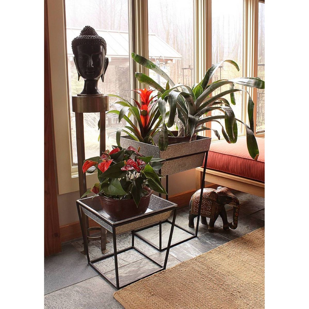 Indoor/Outdoor Arne Steel Plant Stand with Galvanized Tray Black Powder Coated Finish - Achla Designs: Freestanding Square Holder - thumbnail 2
