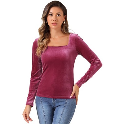 INSPIRE CHIC Women's Velvet Square Neck Long Sleeve Casual Blouses