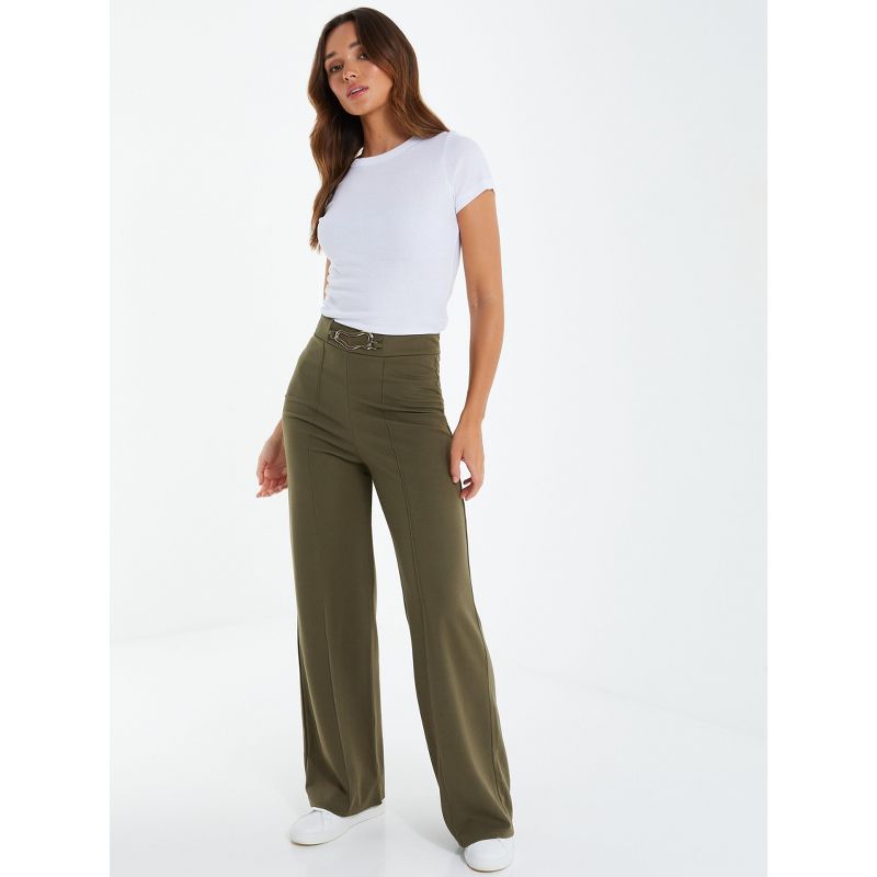 QUIZ Women's Olive Green Buckle Detail Palazzo Pant, 3 of 7