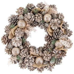 Northlight Glittered Pine and Burlap Bows Artificial Christmas Wreath - 13.75" - Unlit - 1 of 3