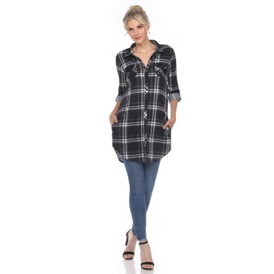 Women's Printed Plaid Roll Tab Tunic - White Mark