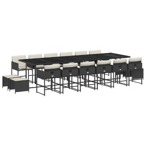 vidaXL 17-Piece Patio Dining Set - Black Poly Rattan Garden Furniture with Cushions - Outdoor Table, 12 Chairs, 4 Stools, Glass Top - 1 of 4