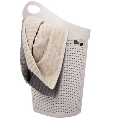 Ivory Wicker-look Plastic Upright Laundry Hamper with Wheels