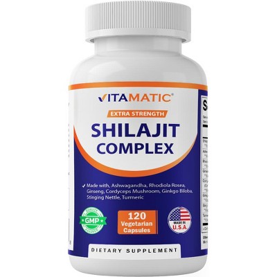 Shilajit Complex Capsules, 9000mg Equivalent, with Ashwagandha, Rhodiola, Ginseng, Cordyceps, Ginkgo, Nettle, Turmeric - 120 Veggie Capsules