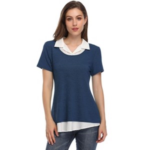 Coolmee Women Summer Tops Short Sleeve Contrast Collared Shirts Patchwork Work Blouse Tunics Tops - 1 of 4