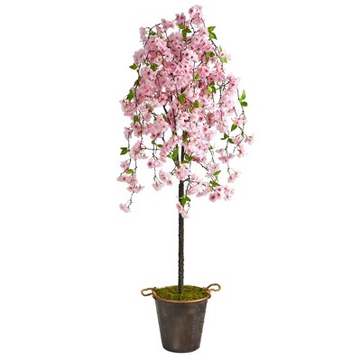 Nearly Natural 6-ft Cherry Blossom Artificial Tree in Decorative Metal Pail with Rope