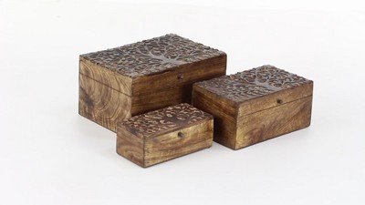 Rustic Hand-Carved Mango Wood Lidded Boxes Set of 3