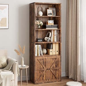 Bookcase with Doors Industrial Bookshelf 11.8in Depth Display Storage Shelves 71.4in Tall Farmhouse Bookcases Wood 6 Shelf Bookshelvels - 1 of 4