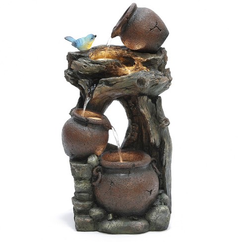 Luxenhome Rustic Pots And Pitchers On Tree Resin Outdoor Fountain With ...