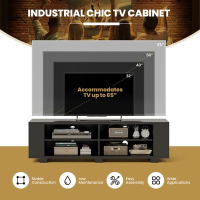 Black Engineered Wood TV Stand with Adjustable Shelves and Cabinets