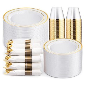 Aoibox Gold Disposable Plates and Cutlery Set - Premium Dinner Plates, Dessert Plates, Cups & Cutlery for Weddings, Catering Events - 50 Guest Service - 1 of 4