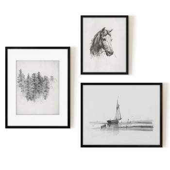 Americanflat 3 Piece Vintage Gallery Wall Art Set - Moored Sailboats I, Tree Study, Horse Etching by Maple + Oak