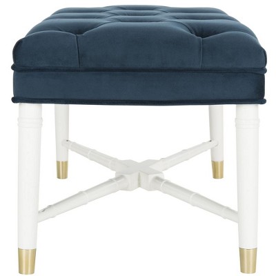 Navy Velvet Tufted Bench with White Bamboo Detail and Brass Capped Feet