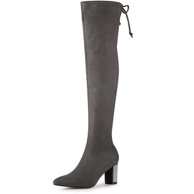 Allegra K Women's Chunky Heels Rhinestone Over The Knee High Boots Gray ...
