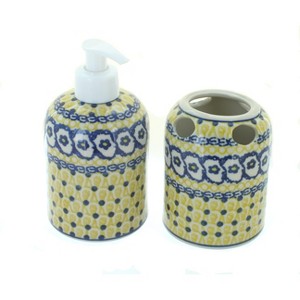 Blue Rose Polish Pottery 573 Ceramika Artystyczna Soap Dispenser & Toothbrush Holder - 1 of 1