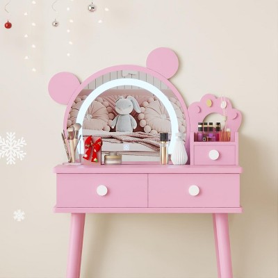 Kids Vanity Set with Lights, Bear-Shaped Make Up Vanity Desk with Mirror&Stool, Wooden Princess Toddler Make Up Table Set for Little Girls