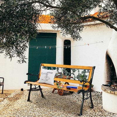 Yellow Cast Iron and Hardwood Outdoor Garden Bench with Rose Design
