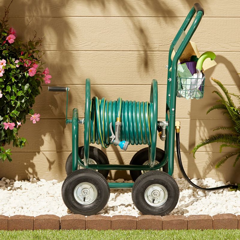 Liberty Garden Products LBG-872-2 4 Wheel Hose Reel Cart Holds up to 350 Feet of 5/8" Hose with Basket for Backyard, Garden, or Home, Green, 5 of 7