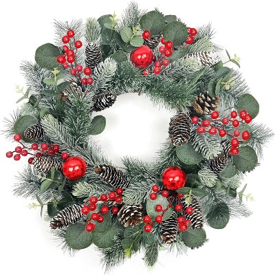 Attop 22 Inch Christmas Wreath Christmas Wreaths with Red Balls Holly Berries Pine Cones and Eucalyptus Leaves