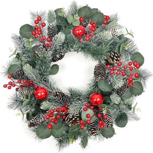Attop 22 Inch Christmas Wreath Christmas Wreaths with Red Balls Holly Berries Pine Cones and Eucalyptus Leaves - 1 of 4