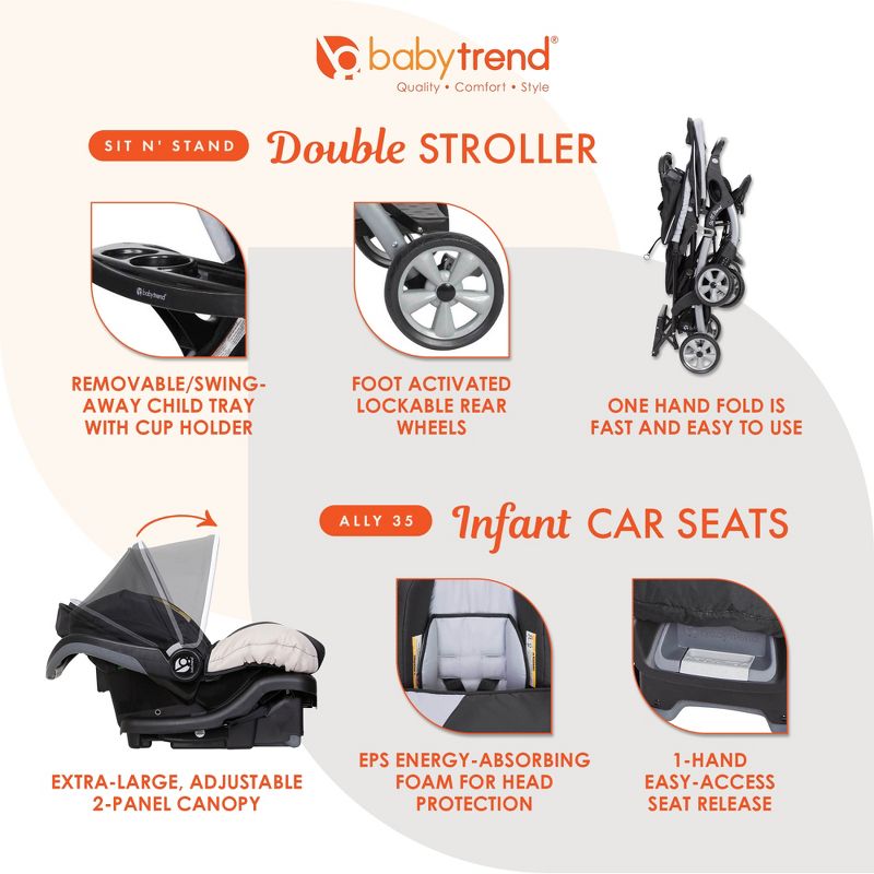 Baby Trend Sit N Stand Compact Easy Fold Double Stroller with 2 Baby Infant Car Seat Carriers and Cozy Cover, 3 of 7