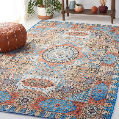 Coastal Breeze Blue and Orange Hand-Loomed 4' x 6' Wool-Cotton Blend Rug