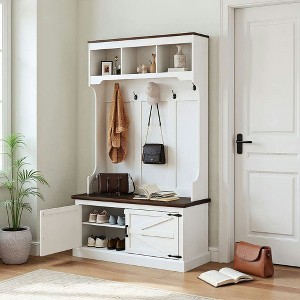 Resenkos 3-In-1 Hall Tree - Shoe Storage, Coat Rack & Bench, Entryway Furniture with Five Hooks,  Wood Grain - 1 of 4