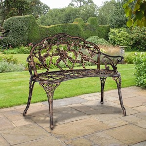 KTMBDW Outdoor Bench Aluminum Garden Patio Porch Loveseat Furniture for Lawn, Park, Deck Seating w/Floral Rose Accent, Antique Finish - Bronze - 1 of 4