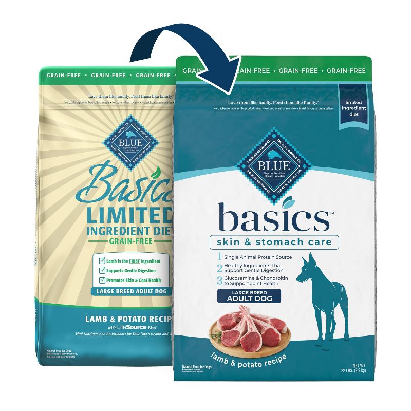 Blue Buffalo Basics Skin &#38; Stomach Care, Grain Free Natural Lamb &#38; Potato Recipe Large Breed Dry Dog Food - 22lbs, 3 of 13