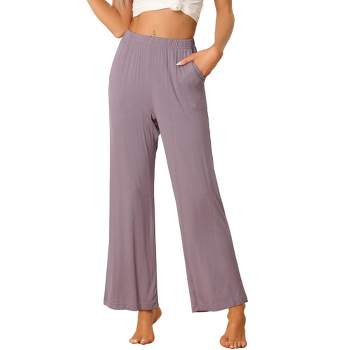 cheibear Women's Cotton Elastic Waist Straight Wide-Leg Sleep Pants with Pockets