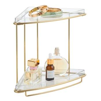 mDesign Steel/Plastic 2-Tier Bathroom Organizer Corner Shelf - Clear/Soft Brass