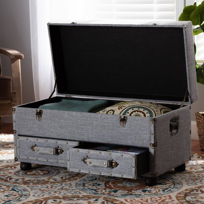 Grey Linen 32" Tufted Storage Ottoman with Antique Brass Accents