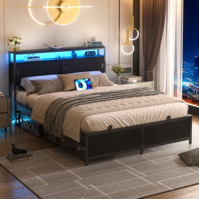 Aheaplus Storage Bed with Sliding Doors, LED Lights & USB Charging Station