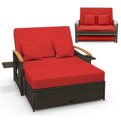 Tangkula Patio Rattan Daybed Set w/ Cushioned Loveseat & Storage Ottoman