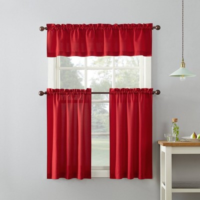 Red Sheer Polyester Rod Pocket Kitchen Curtain Set