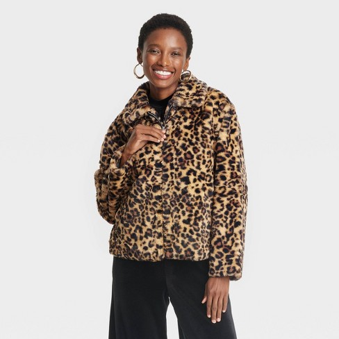 Women s Faux Fur Jacket A New Day Brown Leopard Print Target