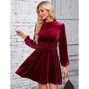 YesFashion Women's Fall Velvet Mini Dress Long Sleeve Mock Neck High Waist Ruffle A Line Flowy Party Dresses - 1 of 4