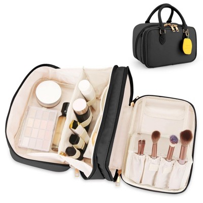Anna-Kaci Large Capacity Makeup Organizer Bag with Dual Compartments and Brush Holders 9.8x6.3x5.5 inches - Black