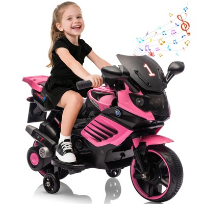 Kids Motorcycle, ride on car toy with training wheels, working headlight, horn and music, suitable for boys and girls aged 3-6.
