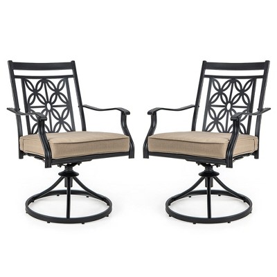 Tangkula Patio Metal Swivel Chairs Set of 2 Fabric Bistro Rocker Chairs w/ Curved Armrests