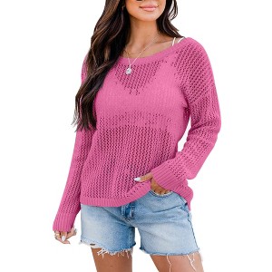 Sheer Tops for Women Summer Breathable Pullover Sweater Crochet Tops Long Sleeve Hollow Out Beach Summer Sweater Beach Cover Ups - 1 of 3