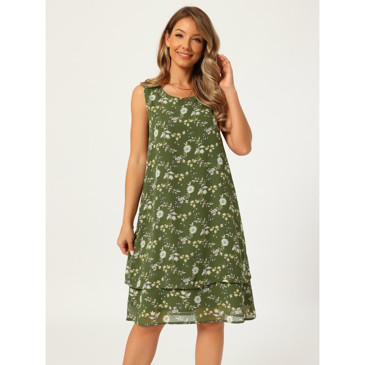 Женские платья INSPIRE CHIC Women's Chiffon Sleeveless Floral Print Crewneck Tiered Layered Flowy Dress Large Green — фото 3