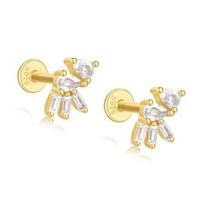 Pear Baguette CZ Flat Back Earrings for Cartilage Helix Tragus Lobe 16g Gold Plated Sterling Silver 1 pair by Ginger Lyne - 1 of 4