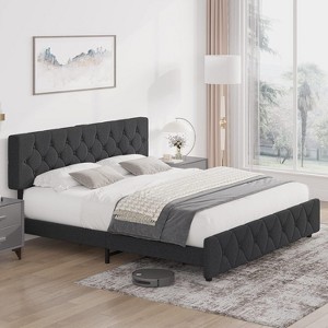 Full Size Bed Frame, Upholstered Platform with Adjustable Headboard, Linen Fabric Wrap, USB Ports, No Box Spring Needed, Easy Assembly, Light Gray - 1 of 4