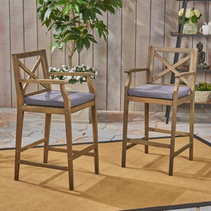 Set of 2 Outdoor Acacia Wood Barstools, 28.5" Counter Height Bar Chairs with Arms, X-Back Design and Water-Resistant Cushions - Koiai - 1 of 4