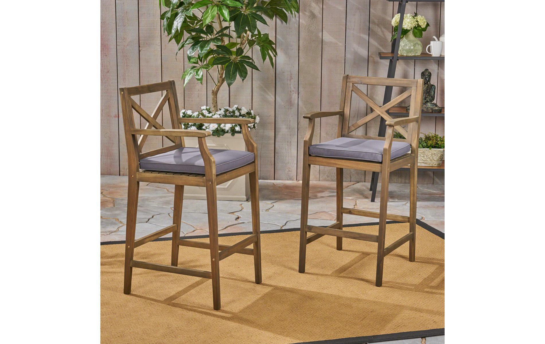 Set of 2 Outdoor Acacia Wood Barstools, 28.5" Counter Height Bar Chairs with Arms, X-Back Design and Gray Water-Resistant Cushions - Koiai
