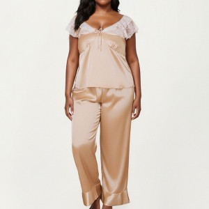 Anna-Kaci Lounge Women's PLus Size 2-Piece Set Satin Lace Trim Sleep Top and Wide Leg Pants with Soft Draping Silhouette - 1 of 4