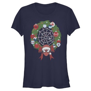 Juniors Womens Marvel Christmas Wreath Spidey Ornaments T Shirt - 1 of 4